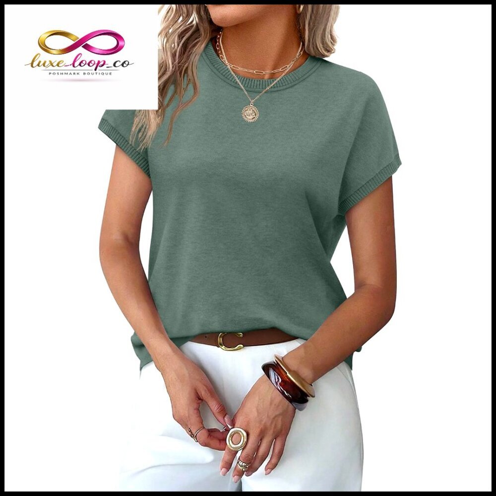 Short Sleeve Crew Neck Sweater Top, Relaxed Fit, Lightweight Knit Fabric